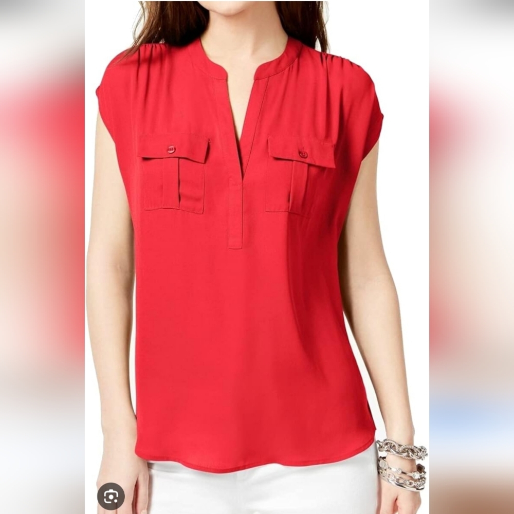 I.N.C. International Concepts Silky Red Button Pocket Top, L, NWT